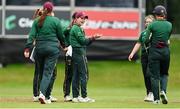 27 August 2023; Rachel Delaney of Merrion celebrates taking the wicket of Fox Lodge's Mollie Devine during the Arachas Women's All-Ireland T20 Cup Final match between Merrion and Fox Lodge at Malahide Cricket Ground in Dublin. Photo by Seb Daly/Sportsfile