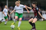 27 August 2023; Catriona McGilp of Cabinteely and Kira Bates Crosbie of Bohemians during the Sports Direct Women’s FAI Cup first round match between Cabinteely and Bohemians at Carlisle Grounds in Bray, Wicklow. Photo by Stephen McCarthy/Sportsfile