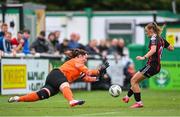 27 August 2023; Cabinteely goalkeeper Niamh Haskins saves from Katie Malone of Bohemians during the Sports Direct Women’s FAI Cup first round match between Cabinteely and Bohemians at Carlisle Grounds in Bray, Wicklow. Photo by Stephen McCarthy/Sportsfile