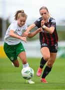 27 August 2023; Katie Burdis of Bohemians and Claire Marie O'Reilly of Cabinteely during the Sports Direct Women’s FAI Cup first round match between Cabinteely and Bohemians at Carlisle Grounds in Bray, Wicklow. Photo by Stephen McCarthy/Sportsfile