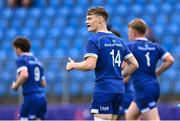 27 August 2023; Robert Besse of Leinster celebrates after scoring his side's third try during the U18 Clubs Interprovincial Championship match between Leinster and Connacht at Energia Park in Dublin. Photo by Piaras Ó Mídheach/Sportsfile