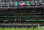 26 August 2023; Singer Lisa Lambe performs the national anthem before the Aer Lingus College Football Classic match between Notre Dame and Navy Midshipmen at the Aviva Stadium in Dublin. Photo by Brendan Moran/Sportsfile