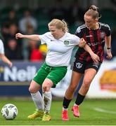 27 August 2023; Catriona McGilp of Cabinteely and Katie Malone of Bohemians during the Sports Direct Women’s FAI Cup first round match between Cabinteely and Bohemians at Carlisle Grounds in Bray, Wicklow. Photo by Stephen McCarthy/Sportsfile