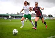 27 August 2023; Katie Burdis of Bohemians and Claire Marie O'Reilly of Cabinteely during the Sports Direct Women’s FAI Cup first round match between Cabinteely and Bohemians at Carlisle Grounds in Bray, Wicklow. Photo by Stephen McCarthy/Sportsfile