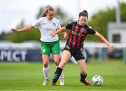 27 August 2023; Lara Phipps of Bohemians in action against Claire Marie O'Reilly of Cabinteely during the Sports Direct Women’s FAI Cup first round match between Cabinteely and Bohemians at Carlisle Grounds in Bray, Wicklow. Photo by Stephen McCarthy/Sportsfile