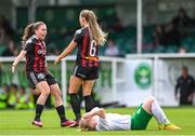 27 August 2023; Fiona Donnelly, 6, celebrates with her Bohemians team-mate Rachel Doyle after scoring their side's first goal during the Sports Direct Women’s FAI Cup first round match between Cabinteely and Bohemians at Carlisle Grounds in Bray, Wicklow. Photo by Stephen McCarthy/Sportsfile
