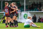 27 August 2023; Fiona Donnelly, right, celebrates with her Bohemians team-mate after scoring their side's first goal during the Sports Direct Women’s FAI Cup first round match between Cabinteely and Bohemians at Carlisle Grounds in Bray, Wicklow. Photo by Stephen McCarthy/Sportsfile
