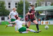 27 August 2023; Katie Lovely of Bohemians is tackled by Chloe O'Brien of Cabinteely during the Sports Direct Women’s FAI Cup first round match between Cabinteely and Bohemians at Carlisle Grounds in Bray, Wicklow. Photo by Stephen McCarthy/Sportsfile