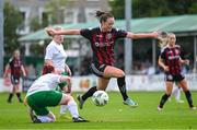 27 August 2023; Katie Lovely of Bohemians is tackled by Chloe O'Brien of Cabinteely during the Sports Direct Women’s FAI Cup first round match between Cabinteely and Bohemians at Carlisle Grounds in Bray, Wicklow. Photo by Stephen McCarthy/Sportsfile