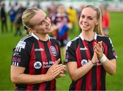 27 August 2023; Ciara Maher, left, and Katie Burdis of Bohemians after the Sports Direct Women’s FAI Cup first round match between Cabinteely and Bohemians at Carlisle Grounds in Bray, Wicklow. Photo by Stephen McCarthy/Sportsfile