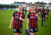 27 August 2023; Katie Lovely, left, and Kira Bates Crosbie of Bohemians after the Sports Direct Women’s FAI Cup first round match between Cabinteely and Bohemians at Carlisle Grounds in Bray, Wicklow. Photo by Stephen McCarthy/Sportsfile