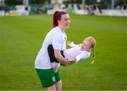 27 August 2023; Chloe O'Brien of Cabinteely with her five-year-old daughter Alaina after the Sports Direct Women’s FAI Cup first round match between Cabinteely and Bohemians at Carlisle Grounds in Bray, Wicklow. Photo by Stephen McCarthy/Sportsfile