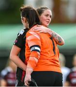 27 August 2023; Lisa Murphy of Bohemians and Cabinteely goalkeeper Niamh Haskins after the Sports Direct Women’s FAI Cup first round match between Cabinteely and Bohemians at Carlisle Grounds in Bray, Wicklow. Photo by Stephen McCarthy/Sportsfile