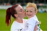 27 August 2023; Chloe O'Brien of Cabinteely with her five-year-old daughter Alaina after the Sports Direct Women’s FAI Cup first round match between Cabinteely and Bohemians at Carlisle Grounds in Bray, Wicklow. Photo by Stephen McCarthy/Sportsfile