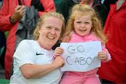 27 August 2023; Catriona McGilp of Cabinteely with her niece Eliza-Mae McGilp after the Sports Direct Women’s FAI Cup first round match between Cabinteely and Bohemians at Carlisle Grounds in Bray, Wicklow. Photo by Stephen McCarthy/Sportsfile