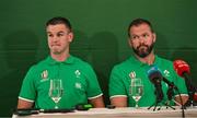 27 August 2023; Captain Jonathan Sexton, left, and head coach Andy Farrell during the announcement of the Ireland Rugby World Cup squad at The Shelbourne Hotel in Dublin. Photo by Brendan Moran/Sportsfile