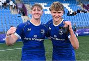 27 August 2023; Leinster players Rian Handley, left, and Caspar Gabriel celebrate after their side's victory in the U19 Men's Interprovincial Championship match between Leinster and Connacht at Energia Park in Dublin. Photo by Piaras Ó Mídheach/Sportsfile