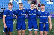 27 August 2023; Leinster players, from left, Todd Lawlor,Ciaran Mangan, Ruairi Munnelly and Paddy Taylor after their side's victory in the U19 Men's Interprovincial Championship match between Leinster and Connacht at Energia Park in Dublin. Photo by Piaras Ó Mídheach/Sportsfile