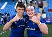 27 August 2023; Leinster players Sam Wisniewsk, left, and James Wyse celebrate after their side's victory in the U19 Men's Interprovincial Championship match between Leinster and Connacht at Energia Park in Dublin. Photo by Piaras Ó Mídheach/Sportsfile