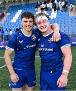 27 August 2023; Leinster players Sam Wisniewsk, left, and James Wyse celebrate after their side's victory in the U19 Men's Interprovincial Championship match between Leinster and Connacht at Energia Park in Dublin. Photo by Piaras Ó Mídheach/Sportsfile
