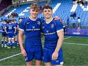 27 August 2023; Leinster players Caspar Gabriel, left, and Sam Wisniewsk celebrate after their side's victory in the U19 Men's Interprovincial Championship match between Leinster and Connacht at Energia Park in Dublin. Photo by Piaras Ó Mídheach/Sportsfile