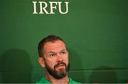 27 August 2023; Head coach Andy Farrell during the announcement of the Ireland Rugby World Cup squad at The Shelbourne Hotel in Dublin. Photo by Brendan Moran/Sportsfile
