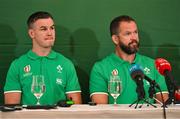 27 August 2023; Captain Jonathan Sexton, left, and head coach Andy Farrell during the announcement of the Ireland Rugby World Cup squad at The Shelbourne Hotel in Dublin. Photo by Brendan Moran/Sportsfile