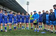 27 August 2023; Leinster head coach Adam Griggs speaks to his players after their side's victory in the U19 Men's Interprovincial Championship match between Leinster and Connacht at Energia Park in Dublin. Photo by Piaras Ó Mídheach/Sportsfile