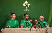 27 August 2023; Team manager Michael Kearney, right, in the company of head coach Andy Farrell and captain Jonathan Sexton, reads out the list of players during the announcement of the Ireland Rugby World Cup squad at The Shelbourne Hotel in Dublin. Photo by Brendan Moran/Sportsfile