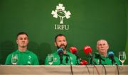 27 August 2023; Head coach Andy Farrell, in the company of captain Jonathan Sexton, left, and team manager Michael Kearney, answers a question during the announcement of the Ireland Rugby World Cup squad at The Shelbourne Hotel in Dublin. Photo by Brendan Moran/Sportsfile