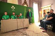 27 August 2023; Head coach Andy Farrell, captain Jonathan Sexton, left, and team manager Michael Kearney during the announcement of the Ireland Rugby World Cup squad at The Shelbourne Hotel in Dublin. Photo by Brendan Moran/Sportsfile