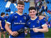 27 August 2023; Leinster players Todd Lawlor, left, and Andrew Doyle celebrate after their side's victory in the U19 Men's Interprovincial Championship match between Leinster and Connacht at Energia Park in Dublin. Photo by Piaras Ó Mídheach/Sportsfile