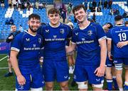 27 August 2023; Leinster players, from left, Jack Angulo, Niall Smyth and Tommy Butler celebrate after their side's victory in the U19 Men's Interprovincial Championship match between Leinster and Connacht at Energia Park in Dublin. Photo by Piaras Ó Mídheach/Sportsfile