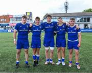 27 August 2023; Leinster players, from left, Niall Smyth, Todd Lawlor, Mahon Ronan, Ciaran Mangan, Paddy Taylor celebrate after their side's victory in the U19 Men's Interprovincial Championship match between Leinster and Connacht at Energia Park in Dublin. Photo by Piaras Ó Mídheach/Sportsfile