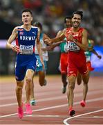 27 August 2023; Jakob Ingebrigtsen of Norway, left, after winning the Men's 5000m final ahead of Mohamed Katir of Spain during day nine of the World Athletics Championships at the National Athletics Centre in Budapest, Hungary. Photo by Sam Barnes/Sportsfile