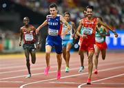 27 August 2023; Jakob Ingebrigtsen of Norway, left, crosses the line to win the Men's 5000m final ahead of Mohamed Katir of Spain during day nine of the World Athletics Championships at the National Athletics Centre in Budapest, Hungary. Photo by Sam Barnes/Sportsfile