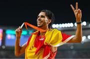 27 August 2023; Mohamed Katir of Spain celebrates with his silver medal after the Men's 5000m final during day nine of the World Athletics Championships at the National Athletics Centre in Budapest, Hungary. Photo by Sam Barnes/Sportsfile