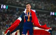 27 August 2023; Jakob Ingebrigtsen of Norway celebrates with his gold medal after winning the Men's 5000m final during day nine of the World Athletics Championships at the National Athletics Centre in Budapest, Hungary. Photo by Sam Barnes/Sportsfile