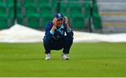 27 August 2023; Kashif Ali of Balbriggan reacts during the Arachas Men's All-Ireland T20 Cup Final match between Balbriggan and CIYMS at Malahide Cricket Ground in Dublin. Photo by Seb Daly/Sportsfile