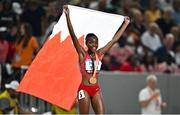 27 August 2023; Winfred Mutile Yavi of Bahrain celebrates after winning gold in the Women's 3000m Steeplechase final during day nine of the World Athletics Championships at the National Athletics Centre in Budapest, Hungary. Photo by Sam Barnes/Sportsfile