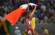 27 August 2023; Winfred Mutile Yavi of Bahrain celebrates after winning gold in the Women's 3000m Steeplechase final during day nine of the World Athletics Championships at the National Athletics Centre in Budapest, Hungary. Photo by Sam Barnes/Sportsfile