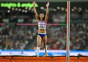 27 August 2023; Morgan Lake of Great Britain celebrates a clearance in the Women's High Jump final during day nine of the World Athletics Championships at the National Athletics Centre in Budapest, Hungary. Photo by Sam Barnes/Sportsfile