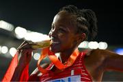 27 August 2023; Winfred Mutile Yavi of Bahrain celebrates with her gold medal after winning the Women's 3000m Steeplechase final during day nine of the World Athletics Championships at the National Athletics Centre in Budapest, Hungary. Photo by Sam Barnes/Sportsfile