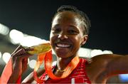27 August 2023; Winfred Mutile Yavi of Bahrain celebrates with her gold medal after winning the Women's 3000m Steeplechase final during day nine of the World Athletics Championships at the National Athletics Centre in Budapest, Hungary. Photo by Sam Barnes/Sportsfile