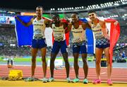27 August 2023; The France team, from left, David Sombe, Ludvy Vaillant, Gilles Biron and Téo Andant after winning silver in the Men's 4x400 Metres Relay final during day nine of the World Athletics Championships at the National Athletics Centre in Budapest, Hungary. Photo by Sam Barnes/Sportsfile
