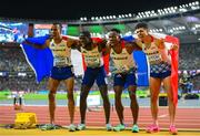 27 August 2023; The France team, from left, David Sombe, Ludvy Vaillant, Gilles Biron and Téo Andant after winning silver in the Men's 4x400 Metres Relay final during day nine of the World Athletics Championships at the National Athletics Centre in Budapest, Hungary. Photo by Sam Barnes/Sportsfile
