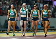 27 August 2023; The Ireland team, from left, Sophie Becker, Roisin Harrison, Kelly McGrory and Sharlene Mawdsley before competing in the Women's 4x400m Relay final during day nine of the World Athletics Championships at the National Athletics Centre in Budapest, Hungary. Photo by Sam Barnes/Sportsfile