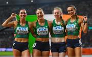 27 August 2023; The Ireland team, from left, Kelly McGrory, Sophie Becker, Roisin Harrison and Sharlene Mawdsley after finishing 8th in the Women's 4x400m Relay final during day nine of the World Athletics Championships at the National Athletics Centre in Budapest, Hungary. Photo by Sam Barnes/Sportsfile