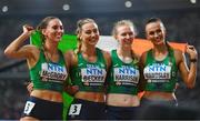 27 August 2023; The Ireland team, from left, Kelly McGrory, Sophie Becker, Roisin Harrison and Sharlene Mawdsley after finishing 8th in the Women's 4x400m Relay final during day nine of the World Athletics Championships at the National Athletics Centre in Budapest, Hungary. Photo by Sam Barnes/Sportsfile