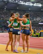 27 August 2023; The Ireland team of Kelly McGrory, Sophie Becker, Roisin Harrison and Sharlene Mawdsley after finishing 8th in the Women's 4x400m Relay final during day nine of the World Athletics Championships at the National Athletics Centre in Budapest, Hungary. Photo by Sam Barnes/Sportsfile